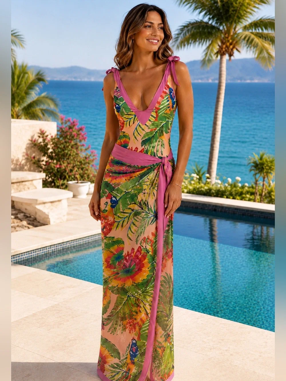 Pink Tropical One-Piece Swimsuit Tie Straps Matching Maxi Sarong Wrap Set Size M